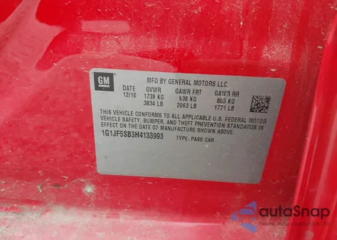 2017 Chevrolet Sonic Premier Auto z USA, uszkodzony, nr VIN 1G1JF5SB3H4133993